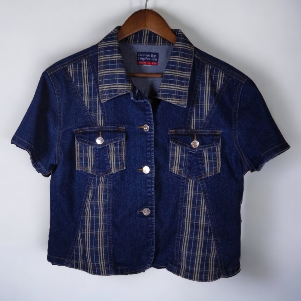 Vintage Button Down Plaid Cropped Denim Shirt - Women's